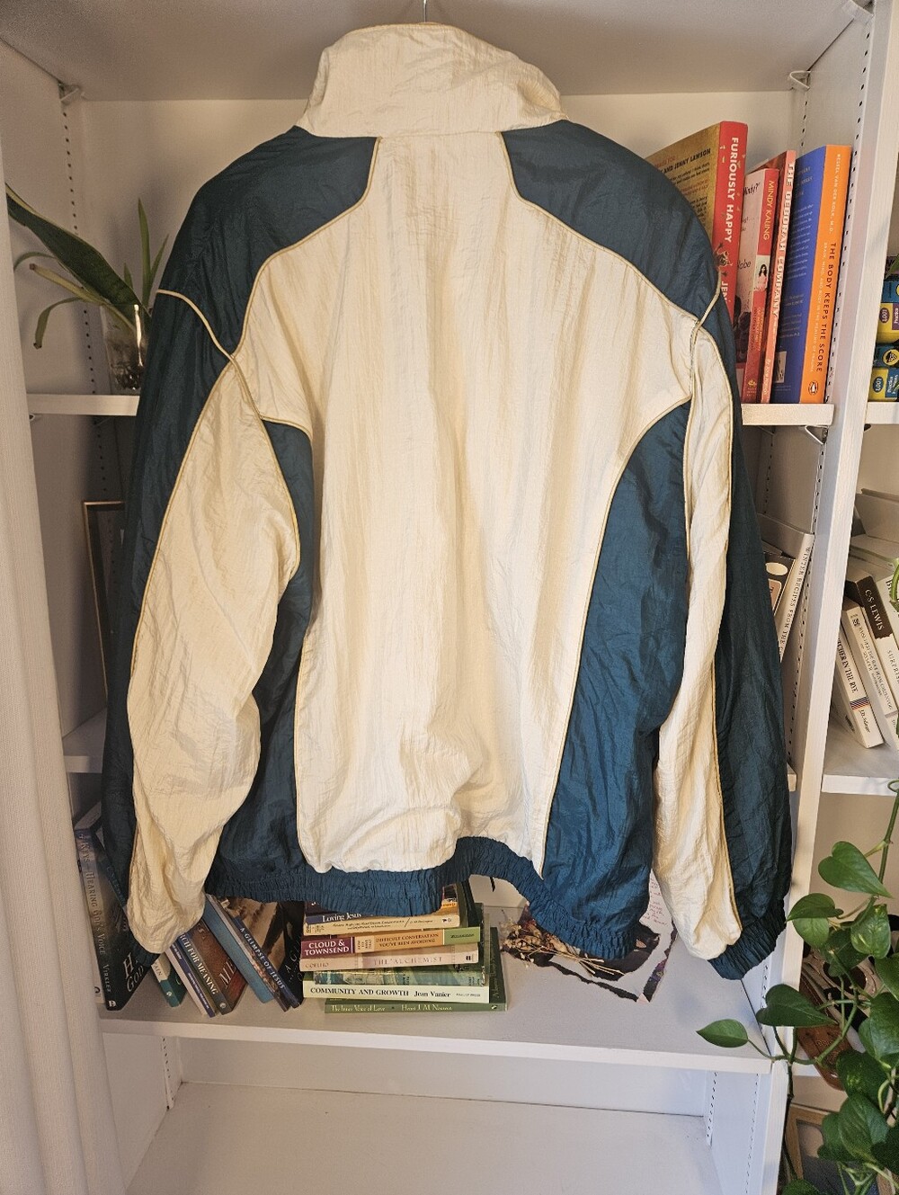 Vintage Bomber Jacket Equestrian Gold Chain Print Teal Cream Ornate Size XL - Picture 6 of 6